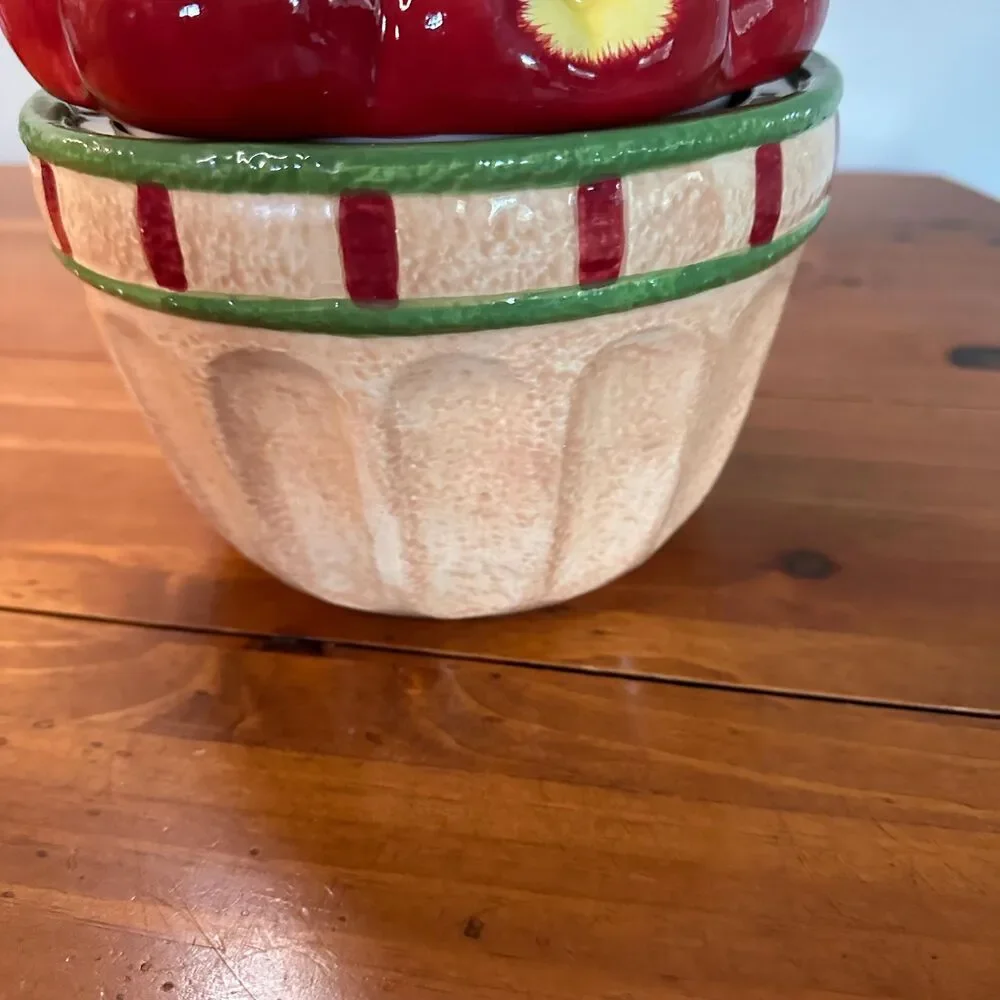 Vintage Big Apple Basket Ceramic Cookie Jar 3D Red Fruit Figural Canister READ